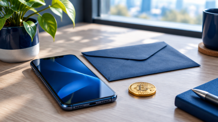 A smartphone and envelope on a desk beside a Bitcoin coin and a plant