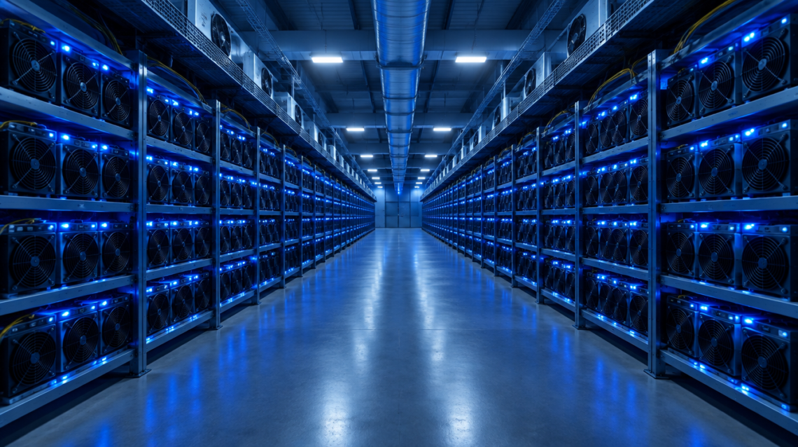 Rows of ASIC Bitcoin miners with blue lights inside a mining data center