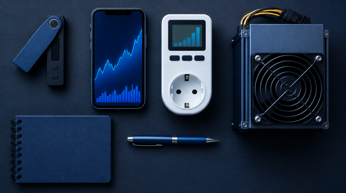A hardware wallet, smartphone, power meter, small miner and notebook laid out on a desk