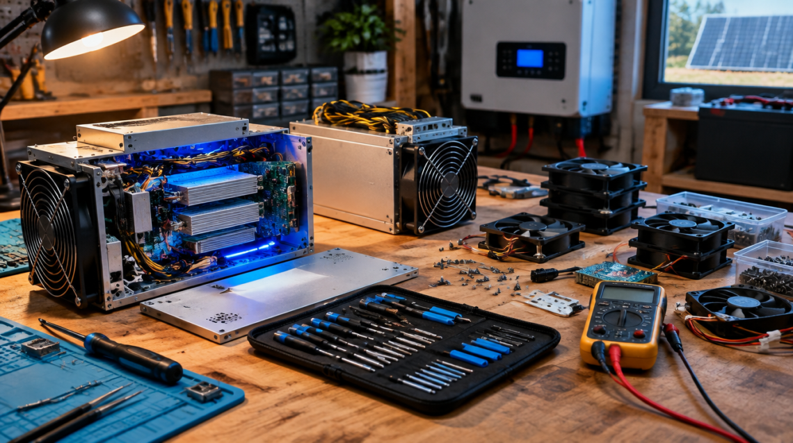 A home miner's workbench with opened mining devices, tools and spare parts