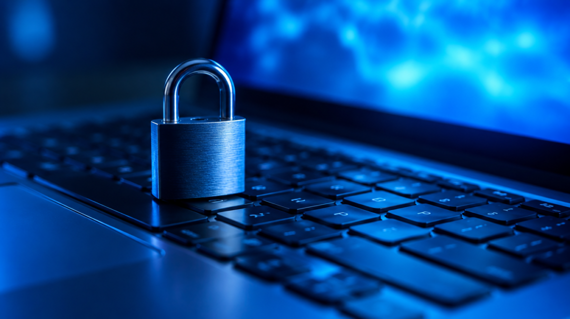 A small padlock resting on a laptop keyboard lit by blue screen light