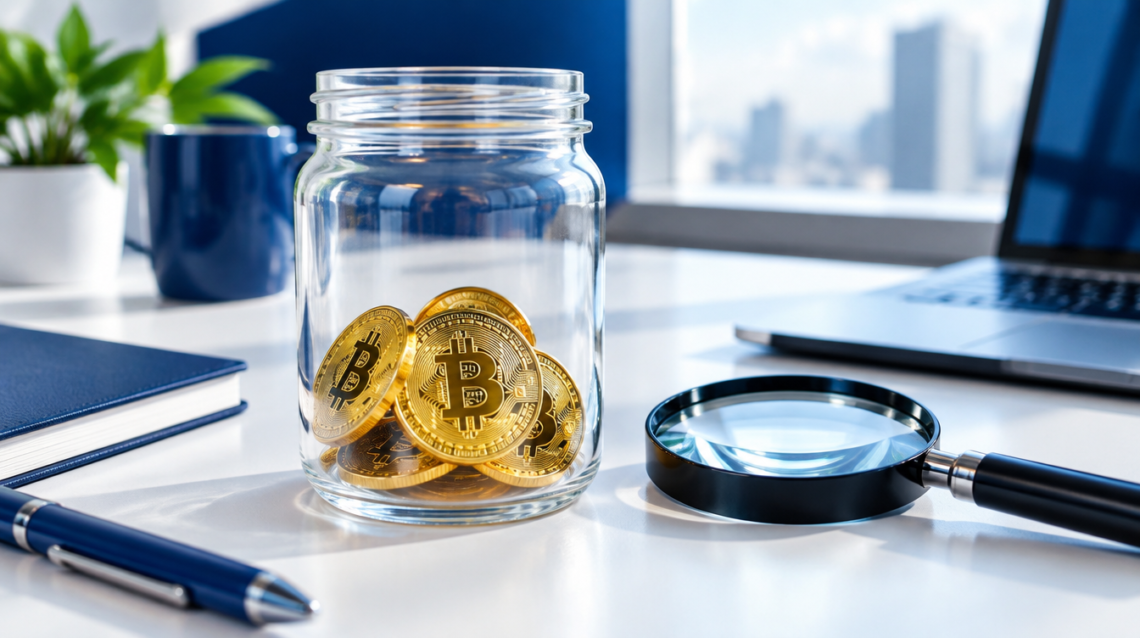 A clear glass jar of Bitcoin coins beside a magnifying glass, showing transparency