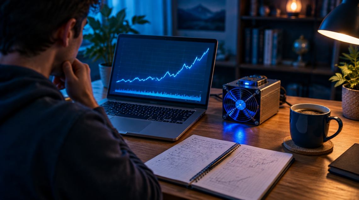 A beginner learning about Bitcoin mining at a home desk with a laptop and a small home miner