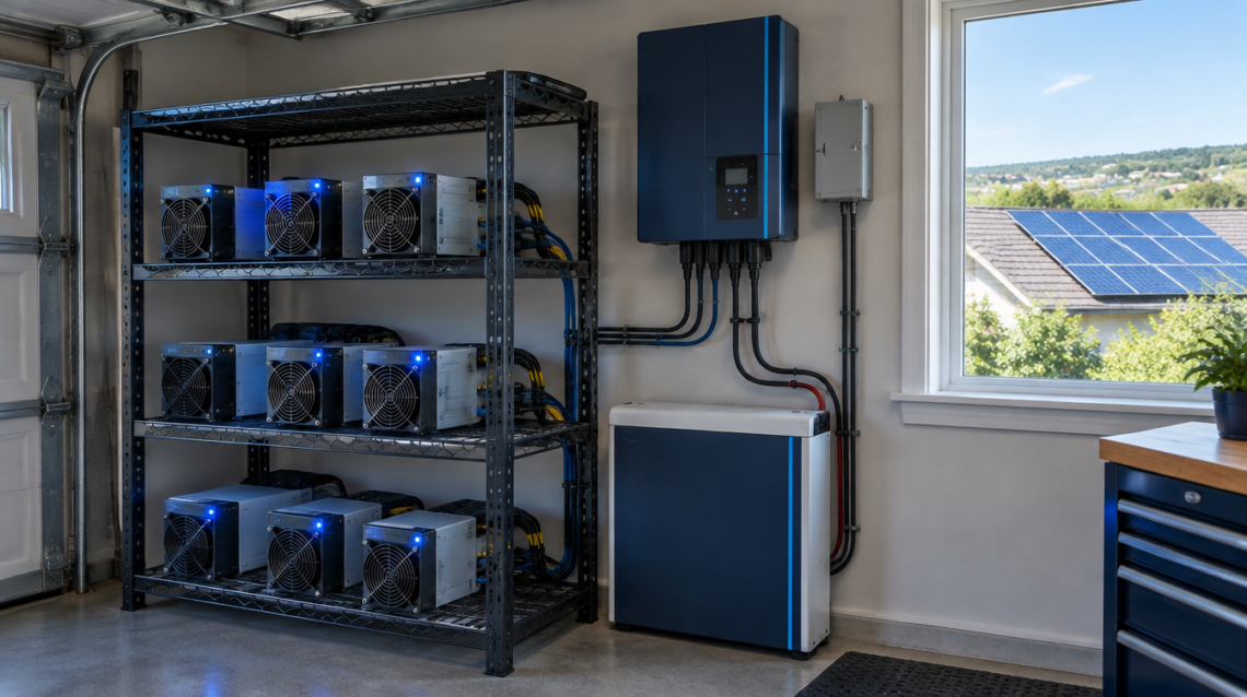 Small home Bitcoin miners on a garage shelf next to a solar inverter and battery
