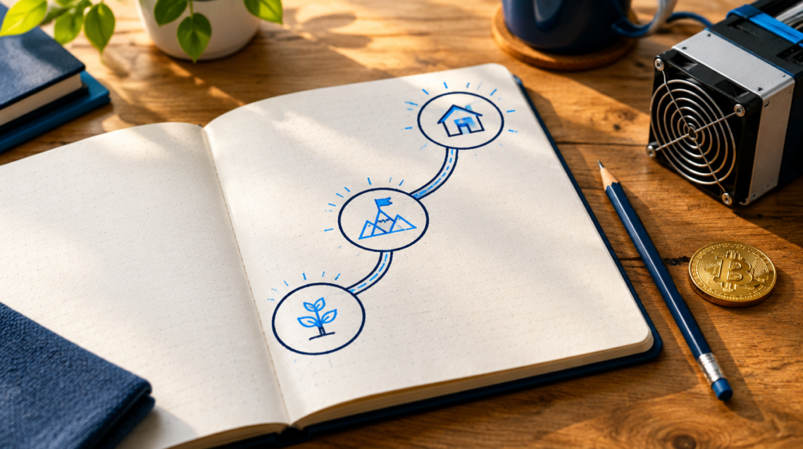 An open notebook with a hand-drawn three-step path next to a Bitcoin coin and a small miner