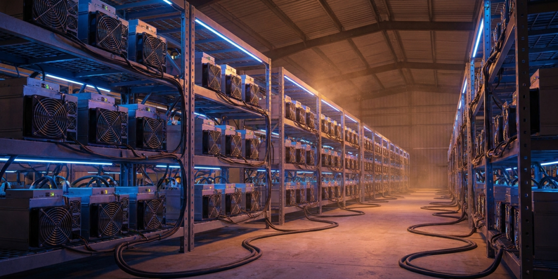 Rows of Bitcoin ASIC mining rigs running in an industrial data center, illustrating network hashrate and mining difficulty