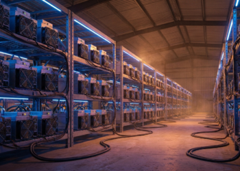 Rows of Bitcoin ASIC mining rigs running in an industrial data center, illustrating network hashrate and mining difficulty