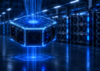 A glowing digital mining module in front of rows of real ASIC miners