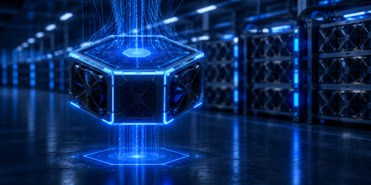 A glowing digital mining module in front of rows of real ASIC miners